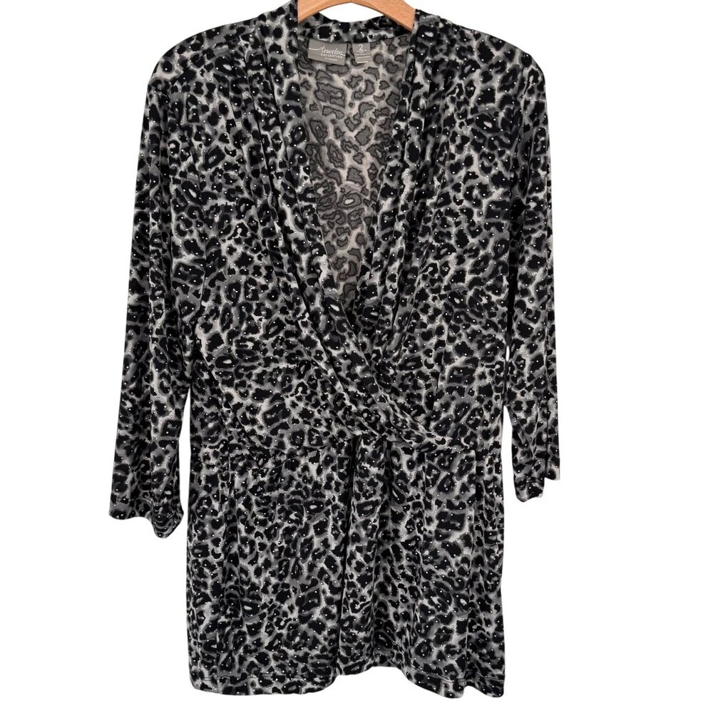 Chicos 2 Travelers Leopard Print knit tunic top Size large embellished